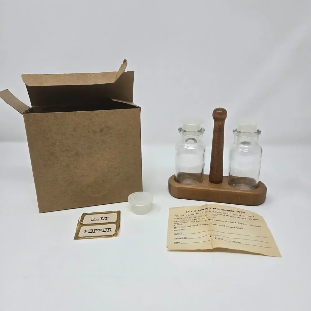 US Plywood Corp Clear Glass Salt and Pepper Shakers Wood Stand Cruet Set Unused
